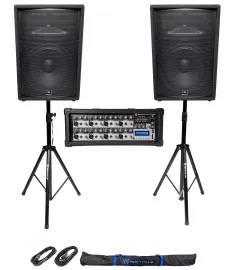 (2) JBL Pro JRX215 15" 2000w PA/DJ Speakers+Powered Mixer w/Bluetooth+Stands