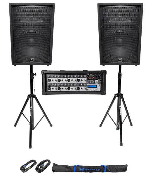 (2) JBL Pro JRX215 15" 2000w PA/DJ Speakers+Powered Mixer w/Bluetooth+Stands