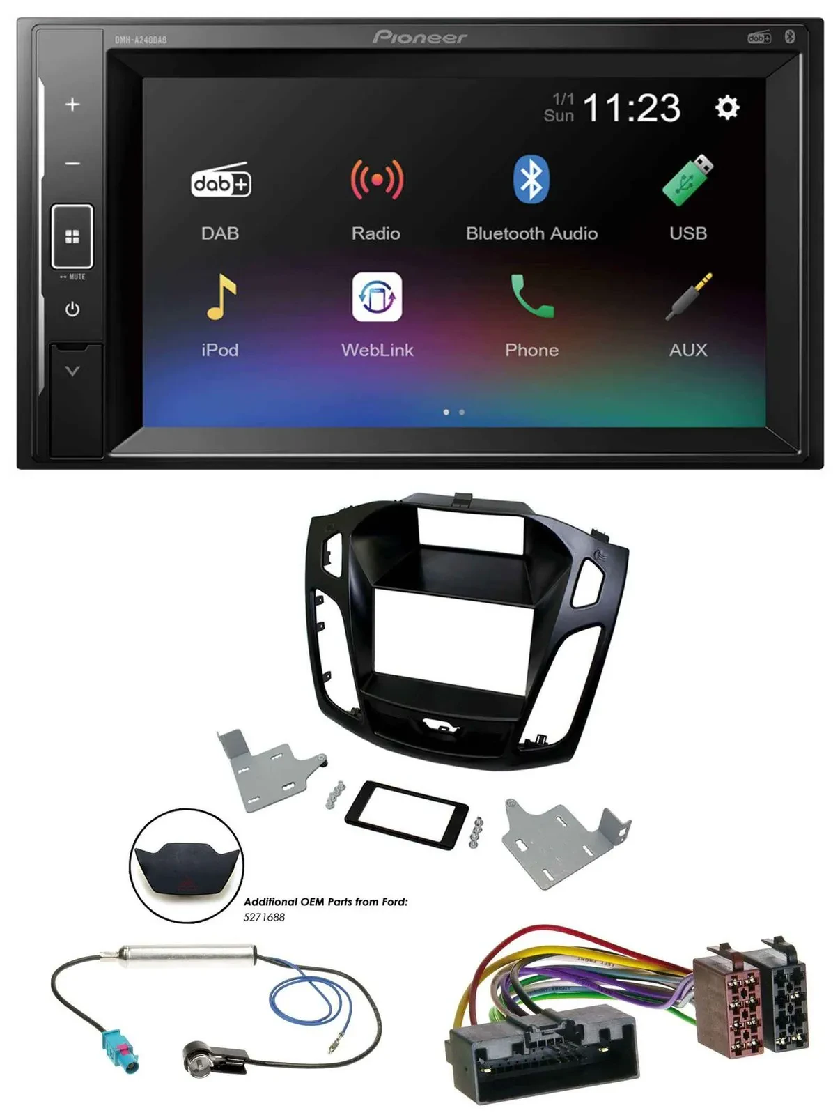 Автомагнитола для Ford Focus 2014–2018 Pioneer 2 DIN, DAB, MP3, Bluetooth, USB, черная