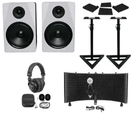 (2) Rockville APM8W 8" 500w Studio Monitors+Stands+Pads+Headphones+Mic+Shield