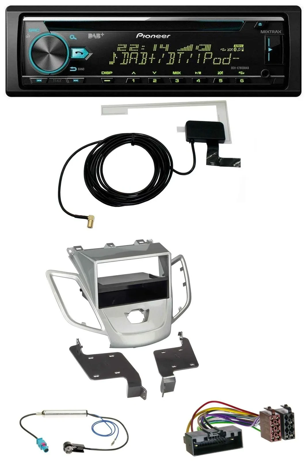 Автомагнитола Pioneer для Ford Fiesta (JA8, 2010–2017) MP3/CD/USB/AUX/DAB, серебристая