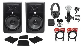(2) JBL 308P MkII 8" Powered Studio Monitors Speakers+Pads+Cables+Headphones+Mic