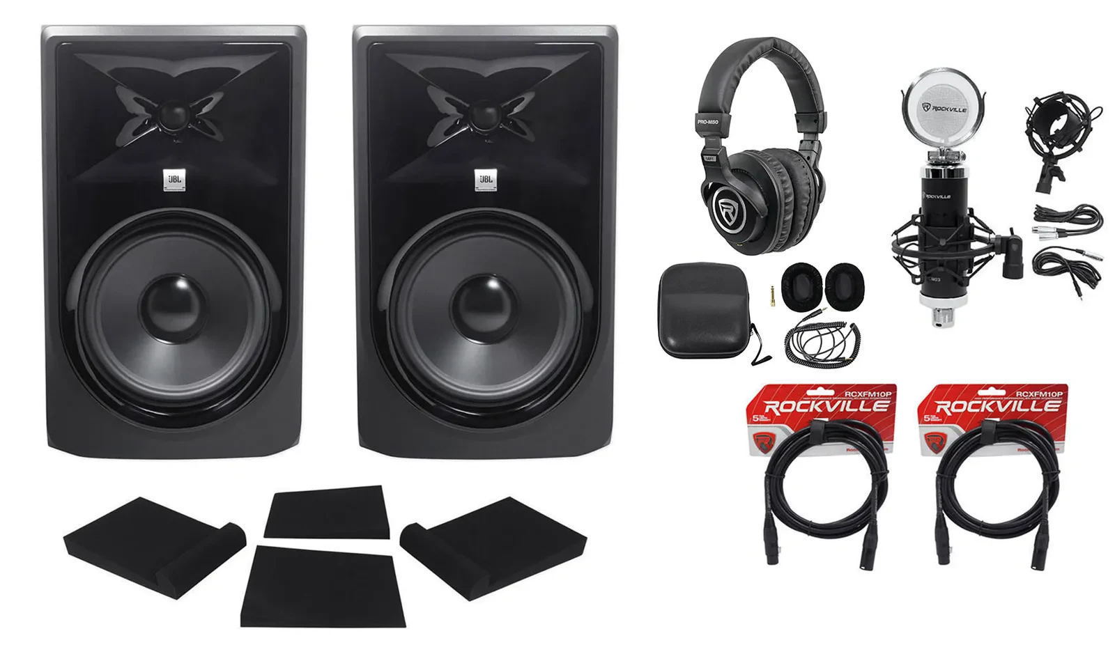 (2) JBL 308P MkII 8" Powered Studio Monitors Speakers+Pads+Cables+Headphones+Mic
