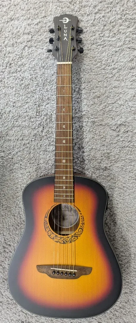 LUNA Safari Tribal LEFTY Tobacco Sunburst Acoustic Electric 3/4 Size Guitar