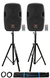 2) Rockville BPA8 8" Pro Powered 300w DJ PA Speakers+Bluetooth+Stands+Cables+Bag