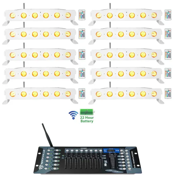 10 Rockville BEST STRIP 60 White Rechargeable Light Bars+Wireless DMX Controller