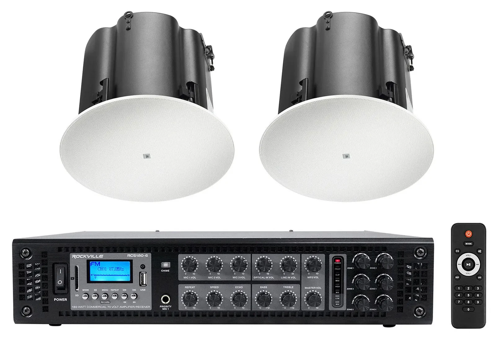 (2) JBL Control 419CS/T 8" 70v Ceiling Subwoofers Commercial Restaurant Subs+Amp