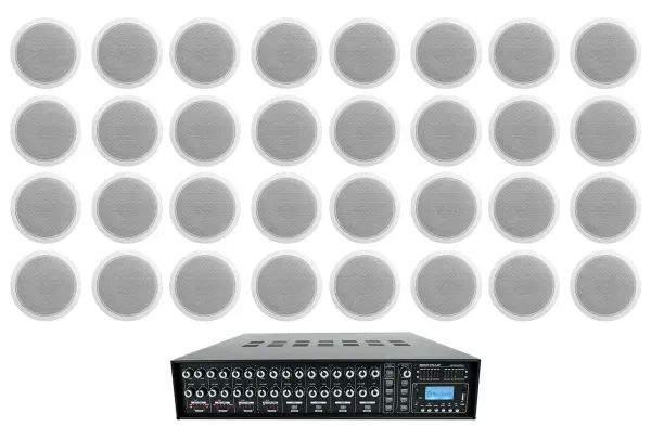 Rockville 4-Zone Multi Room Audio System w/ (32) 6" 70v White Ceiling Speakers