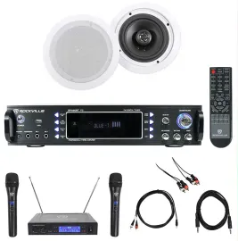 Rockville 1000w Karaoke Bluetooth Amp/Mixer +(2) Ceiling Speakers+Wireless Mics