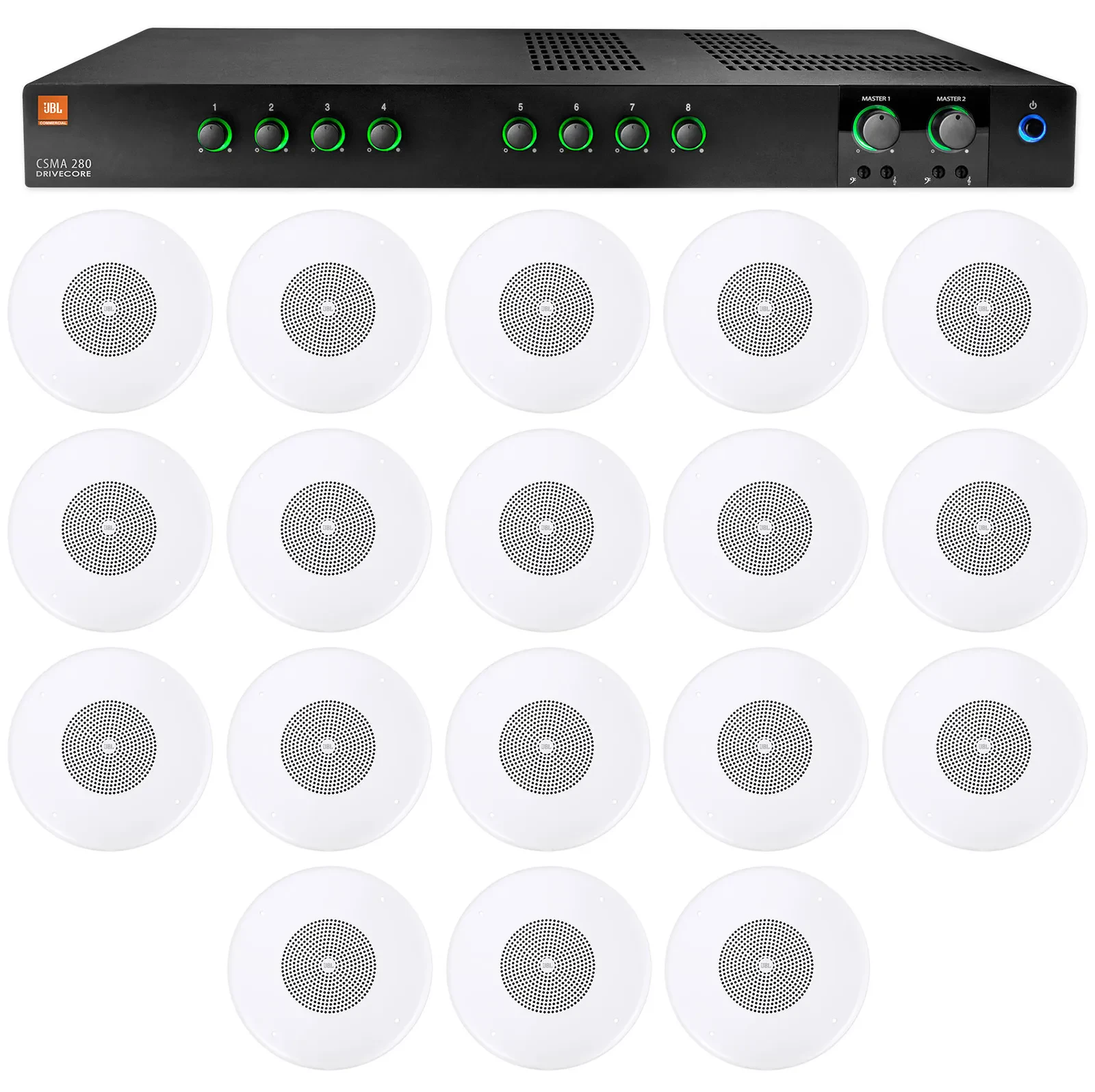 Трансляционный усилитель для ресторанов/баров/кафе JBL CSMA280 + CSS8004 (18 шт.) 2x80W, 4/8 Ом, 70/100 В