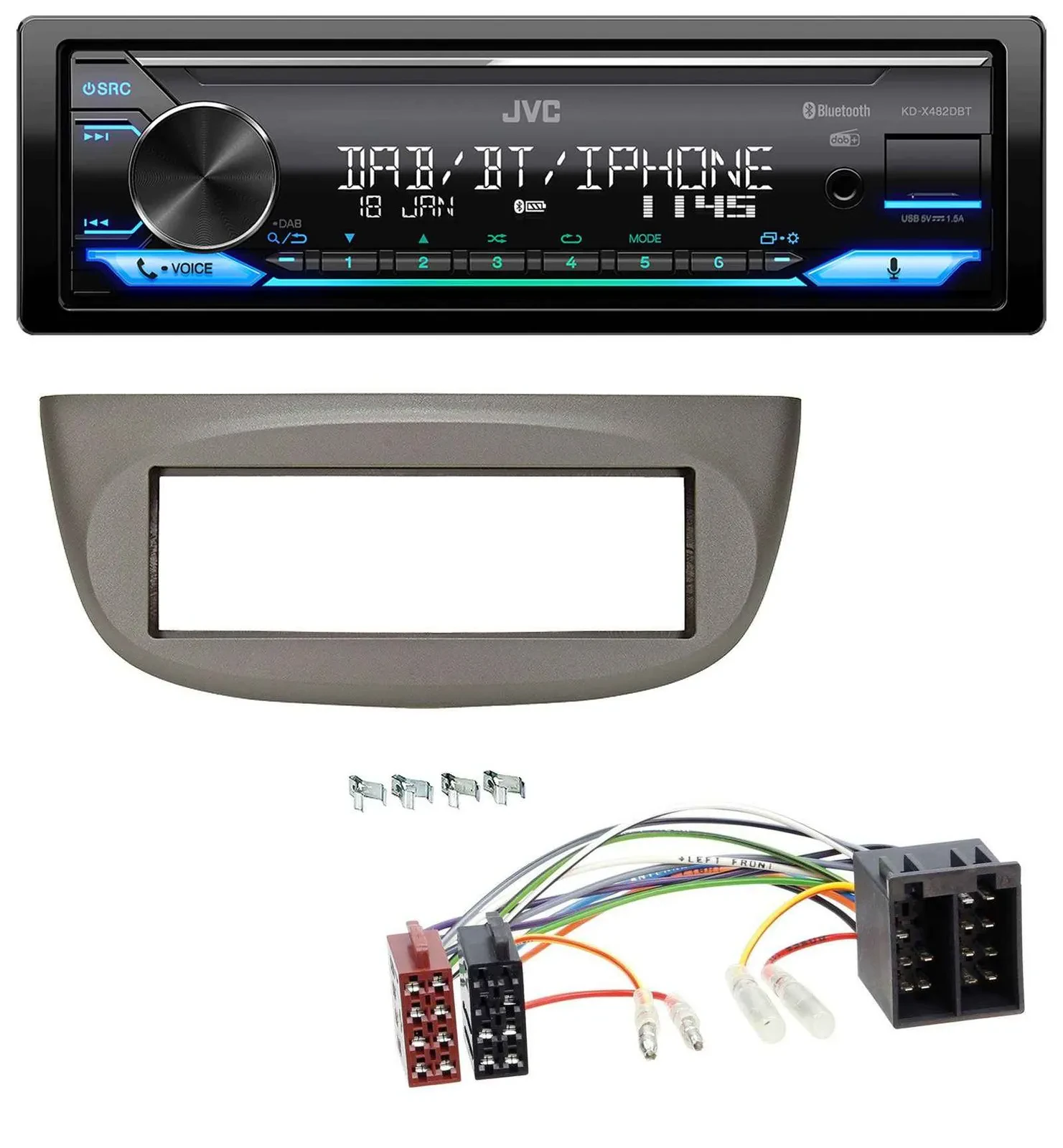 Автомагнитола для Renault Twingo 2007–2012 JVC Bluetooth, DAB, USB, MP3, бежево-серая