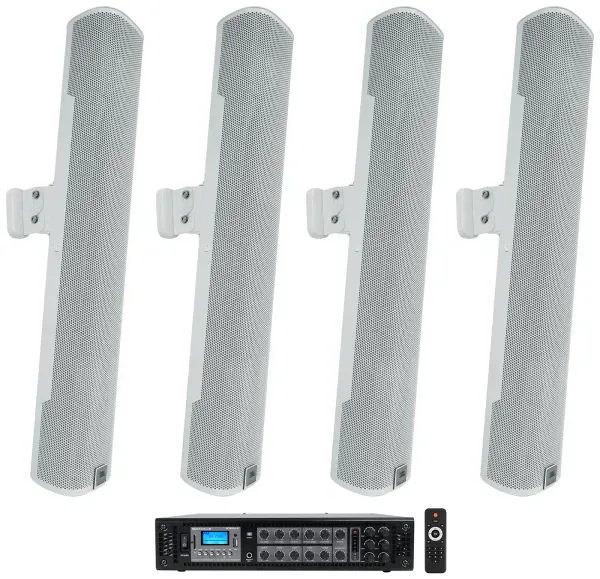 (4) JBL COL600-WH 24" White 70V Commercial Column Wall Mount Array Speakers+Amp