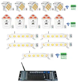 (5) Rockville BEST PAR+STRIP+WEDGE White Wireless DMX Battery Lights+Controller