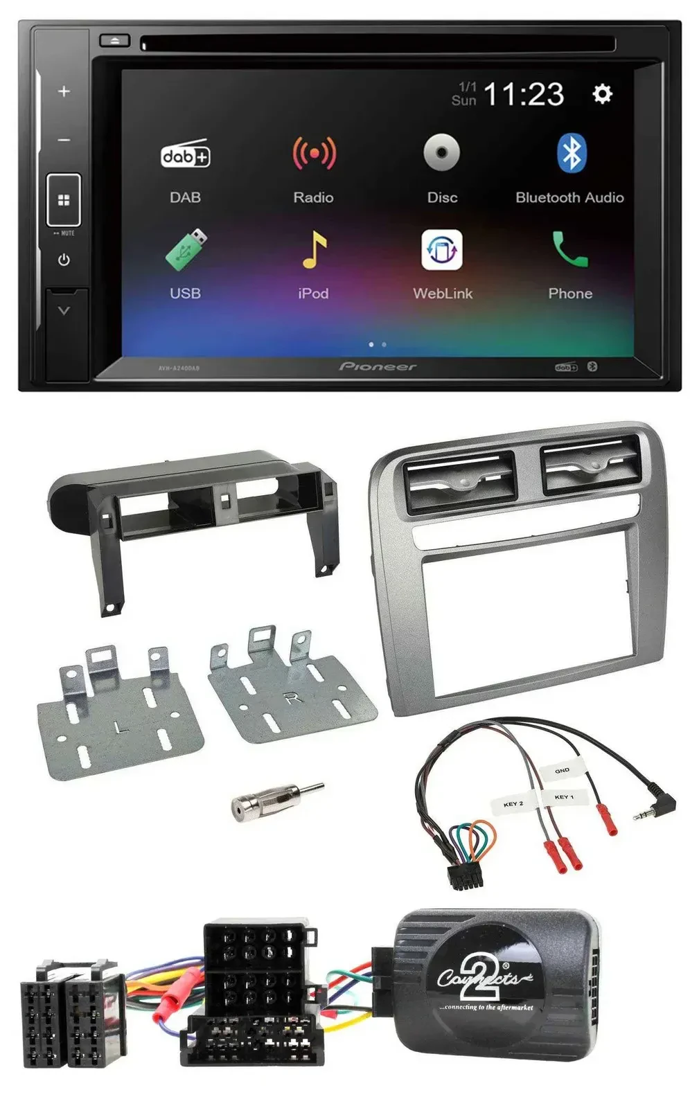 Автомагнитола Pioneer 2DIN, Bluetooth, DAB, DVD, USB для Fiat Grande Punto (2005–2006)