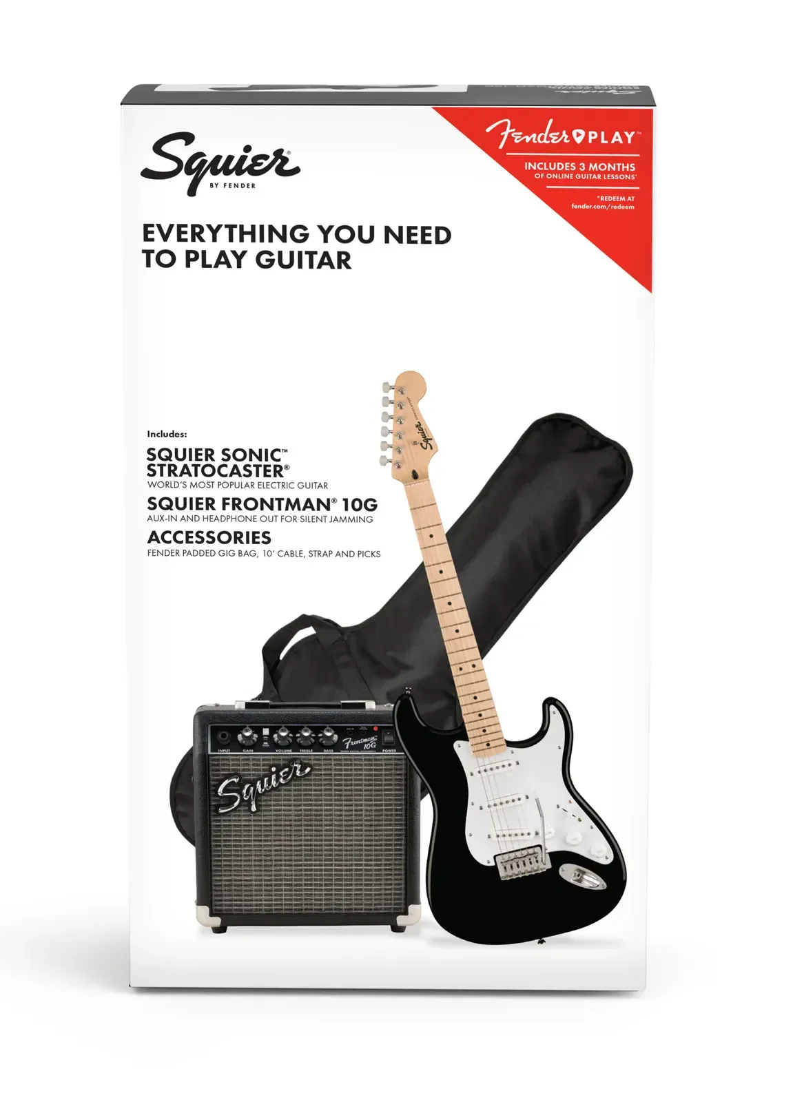 Электрогитара Squier by Fender Sonic Stratocaster (набор) черный, кленовая накладка, с чехлом, комбоусилителем 10G 230V и кабелем