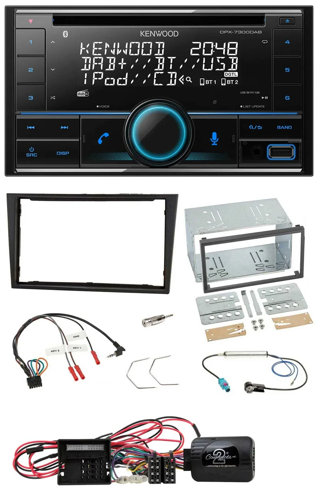 Автомагнитола для Opel Corsa D Kenwood 2-DIN CD DAB USB Bluetooth, совместимая с управлением на руле, черная