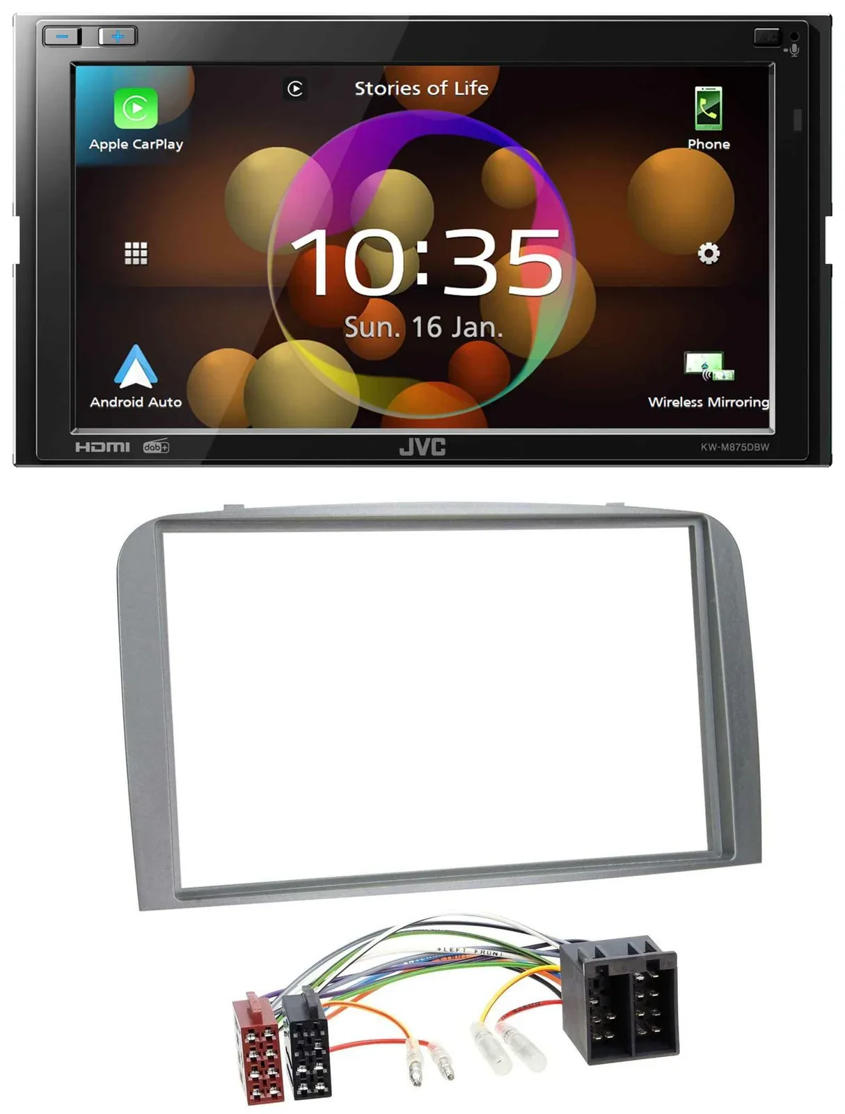 Автомагнитола для Alfa Romeo 147/GT JVC 2DIN, DAB, Bluetooth, USB, MP3, серебристая (2000–2010)