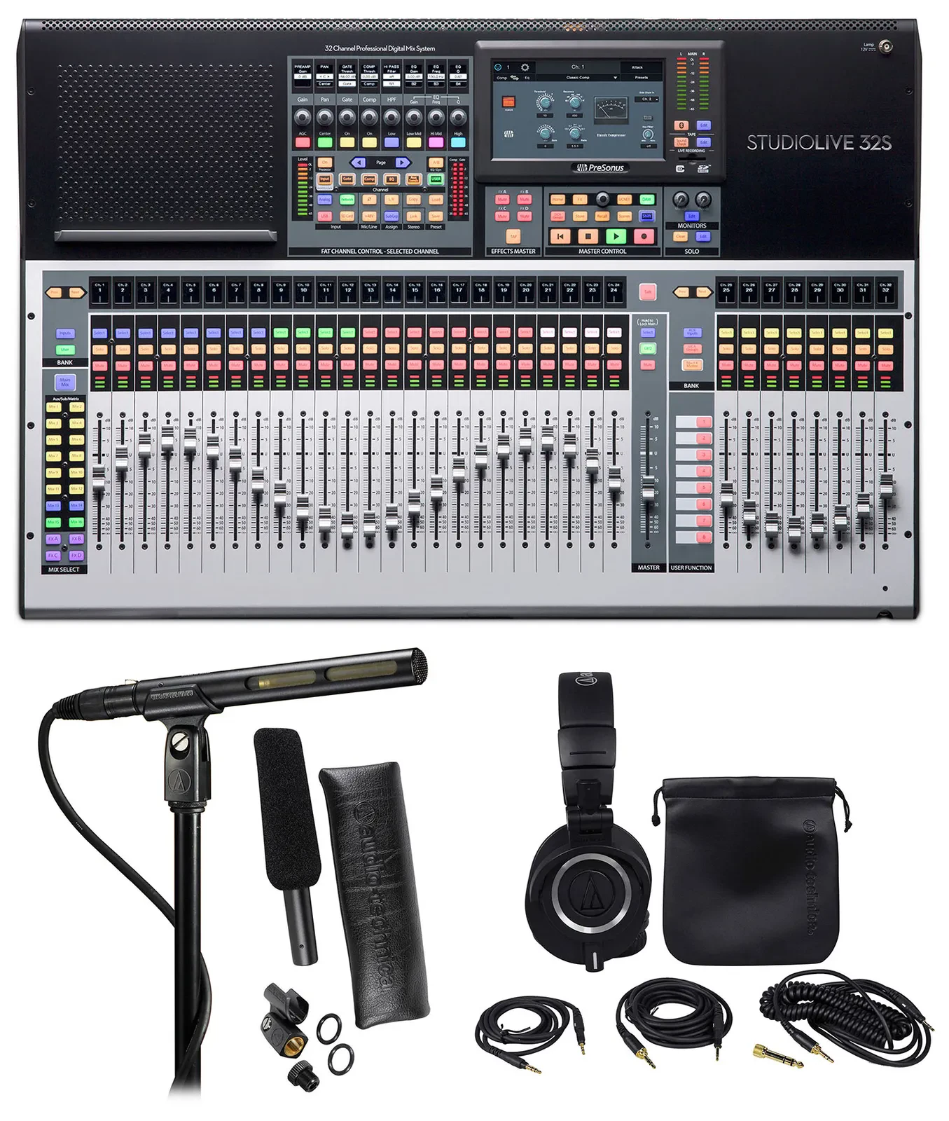Presonus STUDIOLIVE 32S 32-Channel/22-Bus Mixer+Audio Tehnica Mic+Headphones