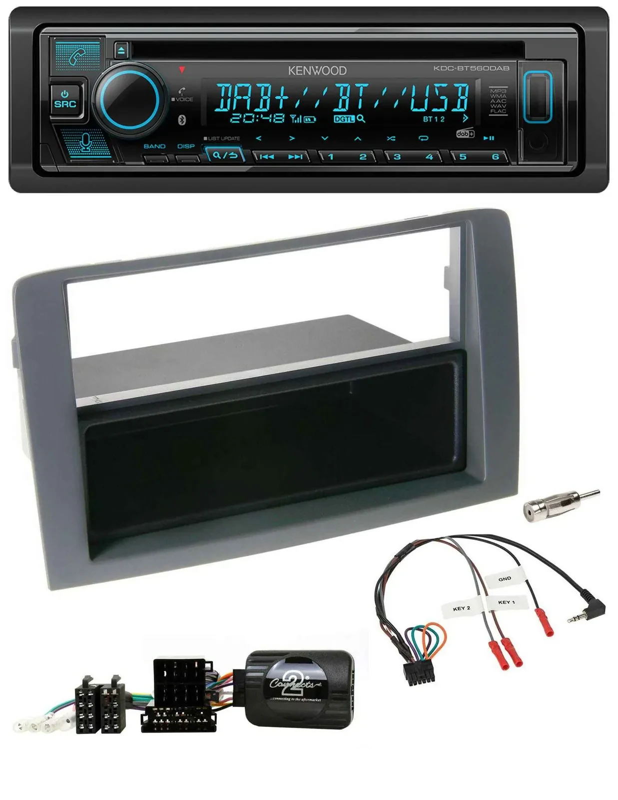 Kenwood Bluetooth DAB CD Lenkrad USB Autoradio für Fiat Idea 2006-2011 grau