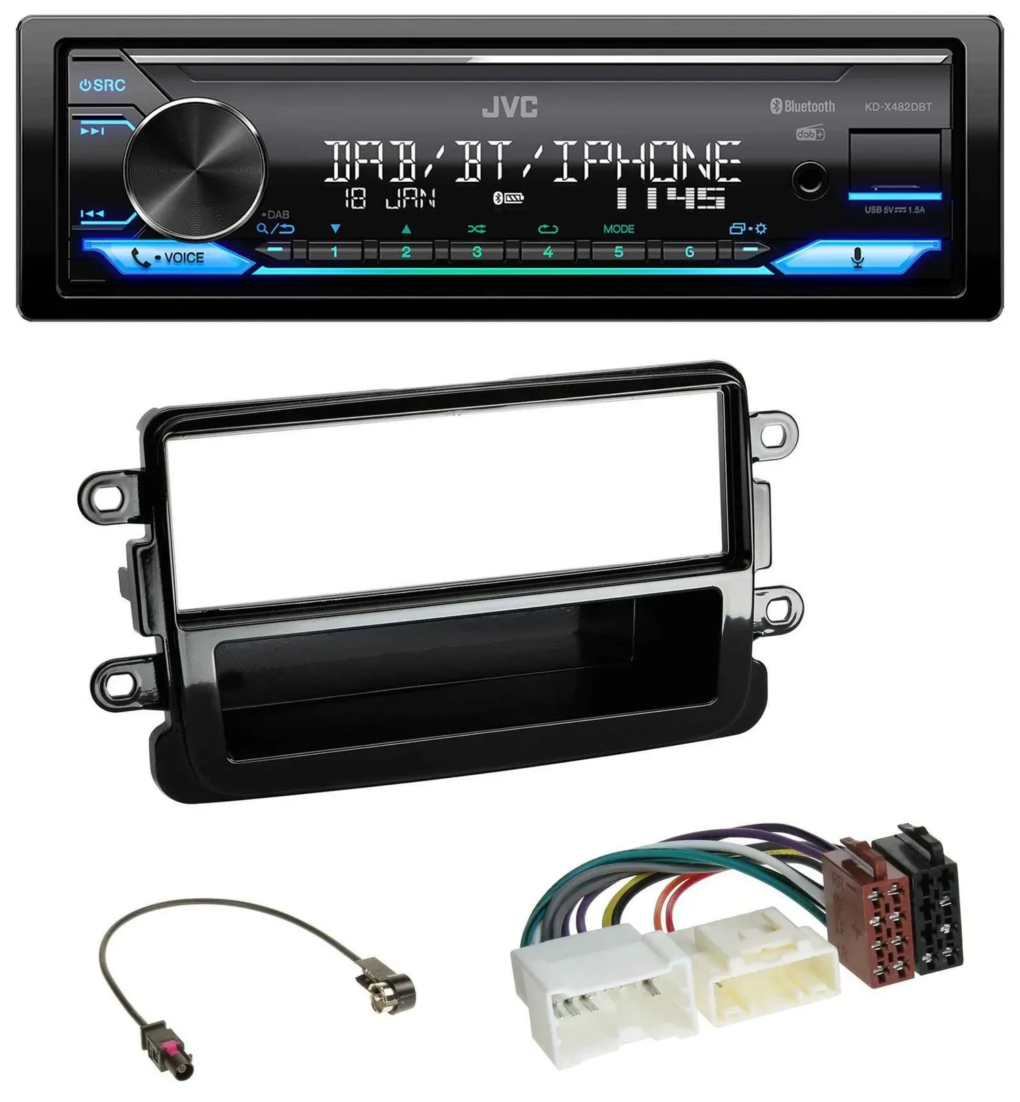 Автомагнитола для Dacia Lodgy Dokker Duster Sandero JVC Bluetooth DAB USB MP3 черный (piano black)