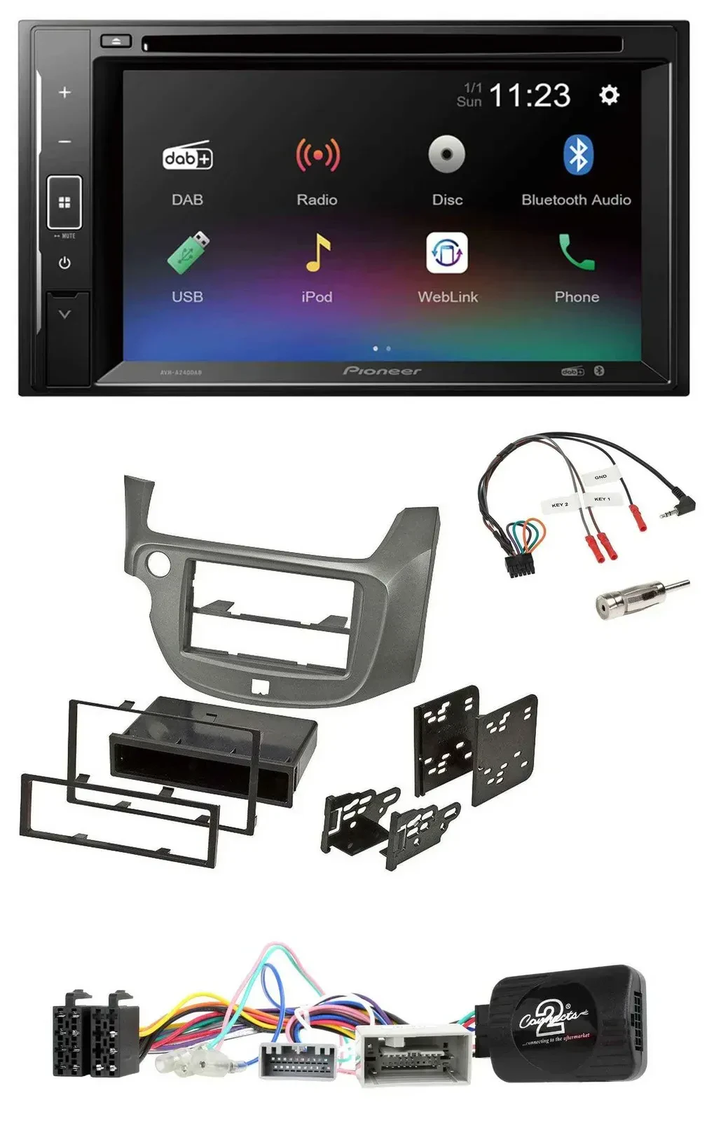 Автомагнитола для Honda Jazz (с 2014) Pioneer 2-DIN, Bluetooth, USB, DAB, DVD, серебристая