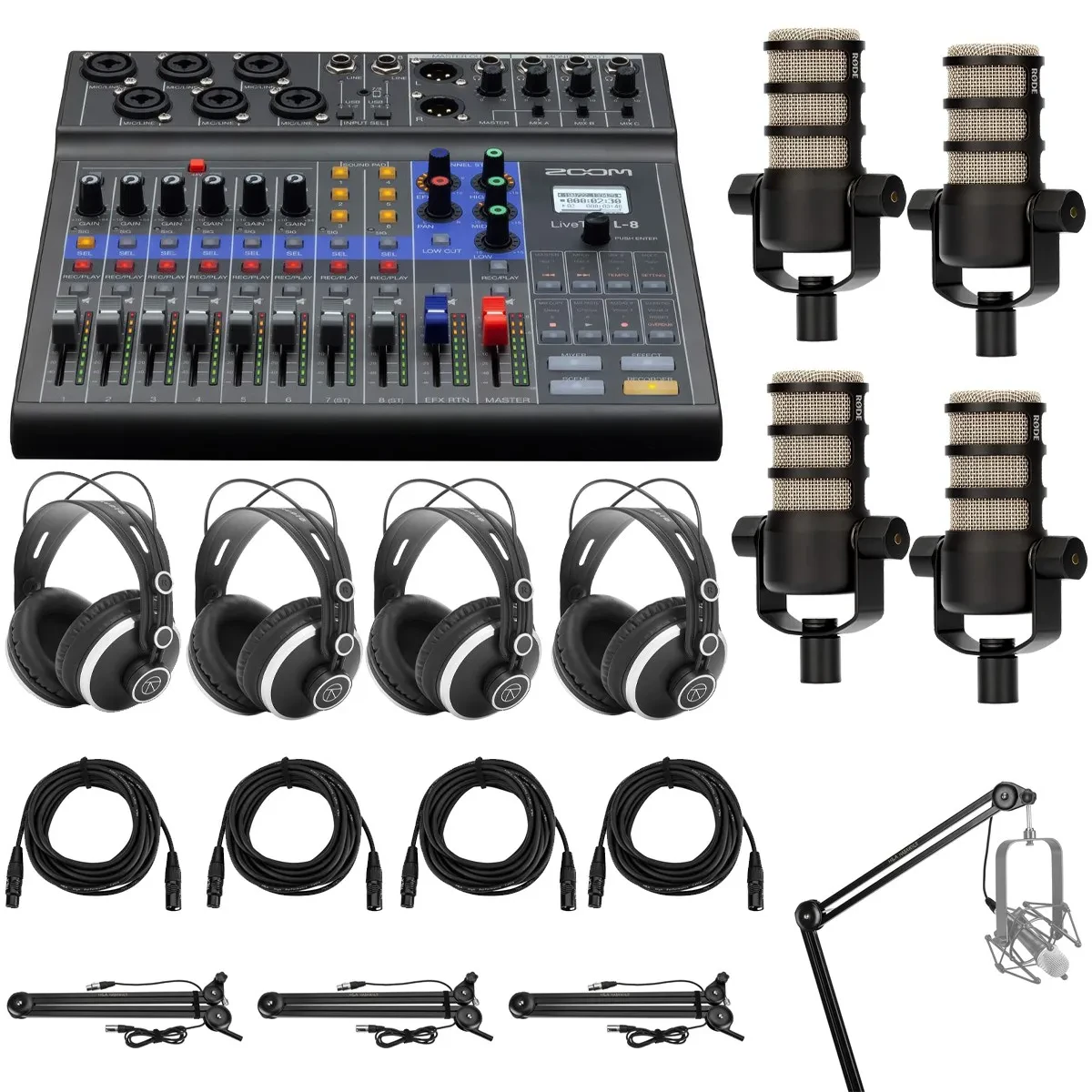 Zoom LiveTrak L-8 Portable 8-Channel Mixer Recorder Bundle with 4x Rode PodMic D