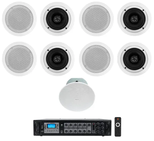 8) Rockville CC525T 5.25" Commercial 70v White Ceiling Speakers+8" Sub+Amplifier