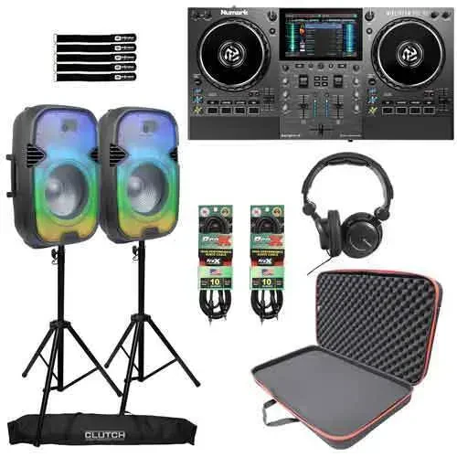Numark MIXSTREAM PRO GO Battery Powered DJ Controller w 15" LED Speakers Pack