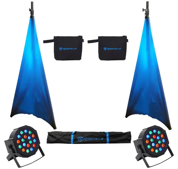 (2) Rockville Tripod DJ PA Speaker Stands+Carry Case+Scrims+(2) RGB Par Lights