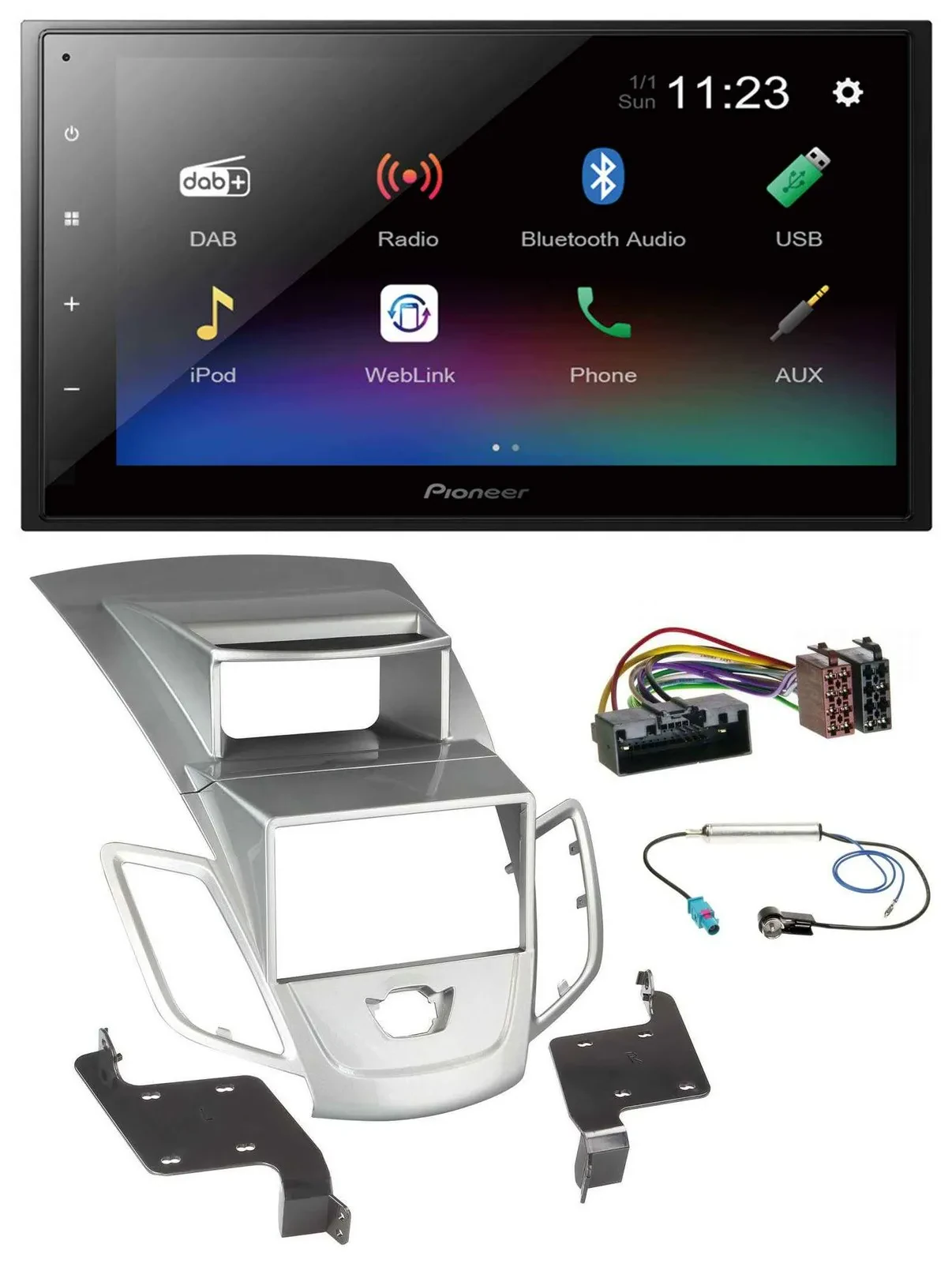 Автомагнитола Pioneer 2 DIN USB Bluetooth DAB MP3 для Ford Fiesta 2010–2017 серебристая