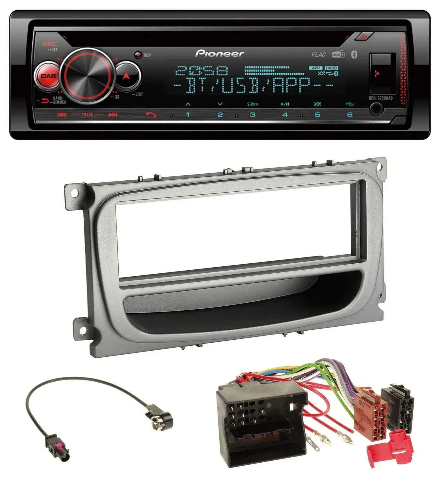 Автомагнитола Pioneer DAB, CD, Bluetooth, USB, MP3 для Ford Mondeo, S-Max (2007–2014), серебристая