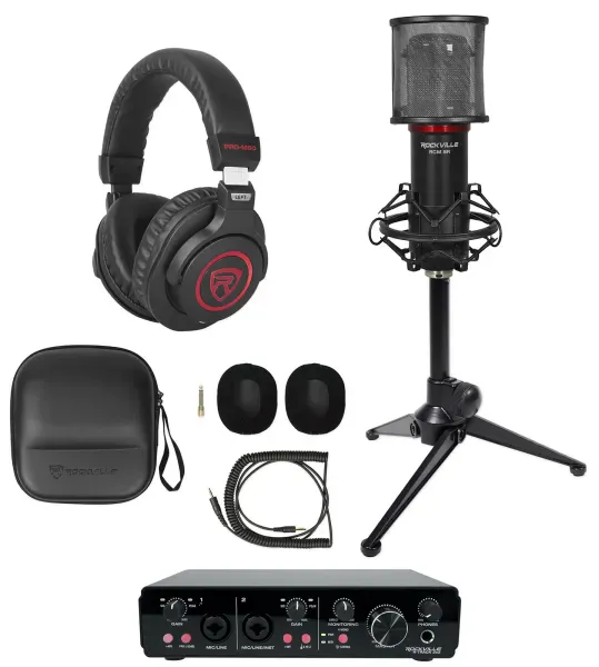 Rockville R-TRACK 2x2 1-Person Podcast Kit w/RCM SR Microphone+Stand+Headphones