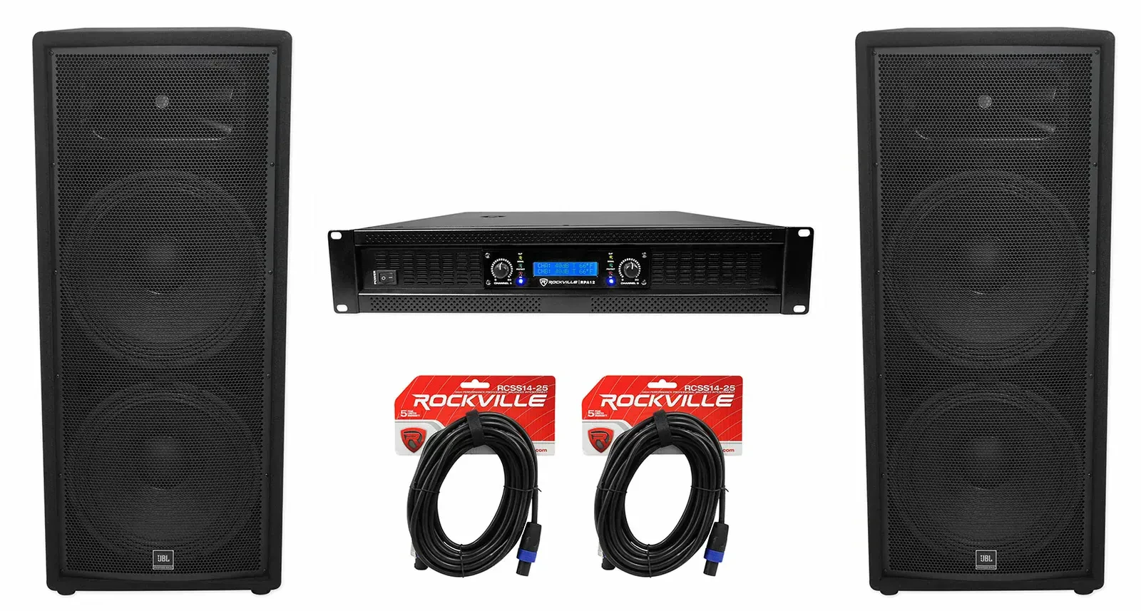 (2) JBL Pro JRX225 2000 Watt Dual 15" DJ PA Speakers+Power Amplifier+Cables