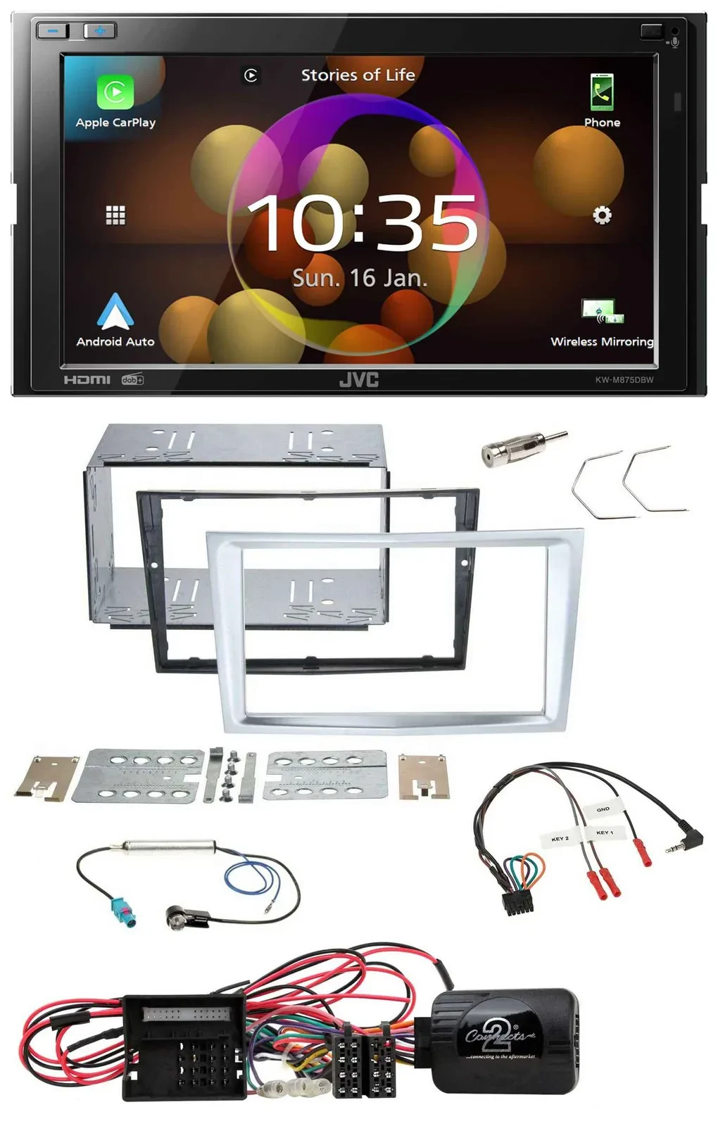 Автомагнитола JVC 2 DIN, DAB, Bluetooth, USB, для Opel Corsa D (2009–2014), матовый хром, поддержка кнопок на руле