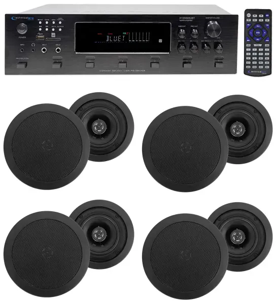 (6) Zone Bluetooth Receiver+(8) 5.25" Black Ceiling Speakers For Restaurant/Bar