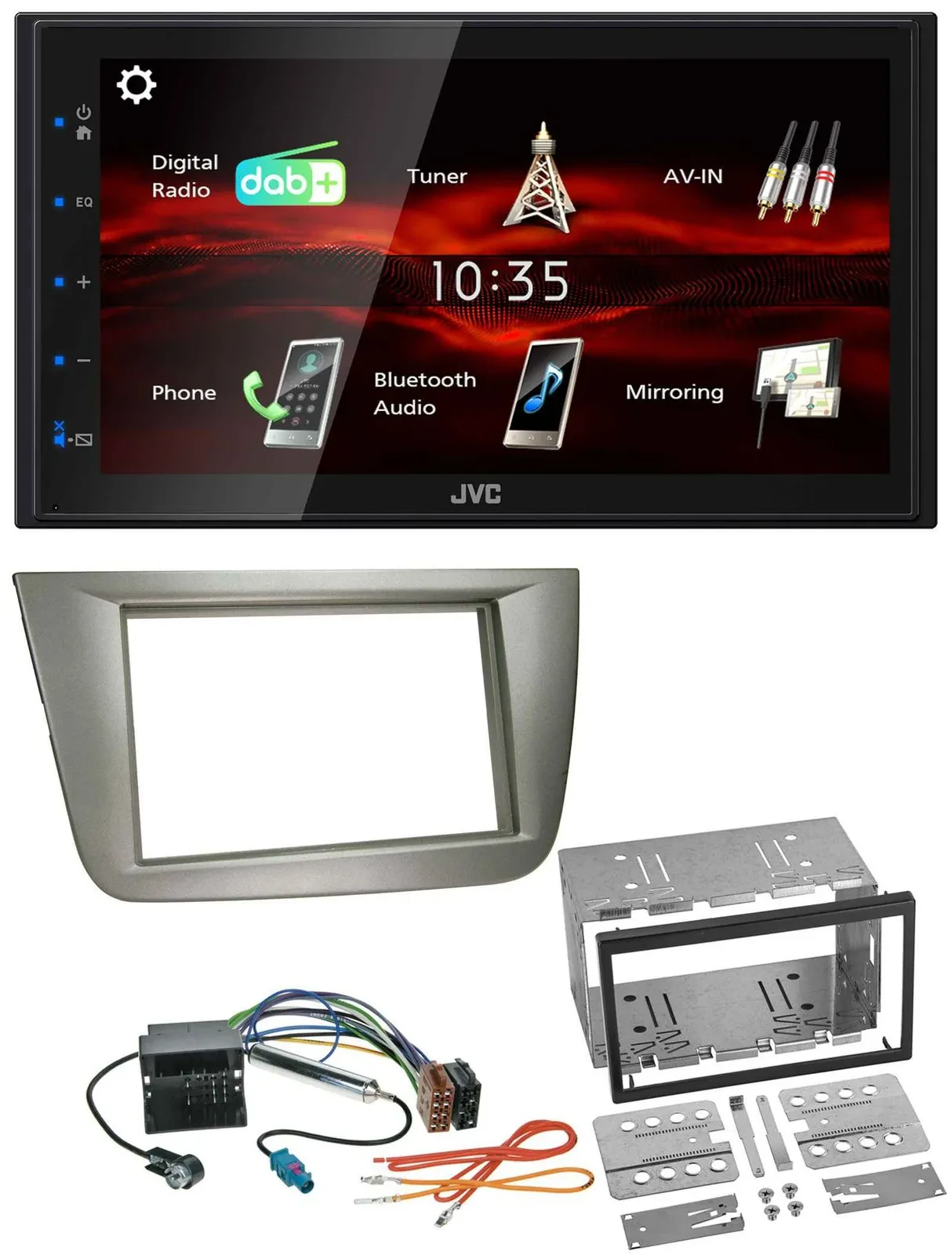 Автомагнитола JVC 2 DIN, USB, Bluetooth, MP3, DAB, серебристая для Seat Altea XL/Altea/Toledo