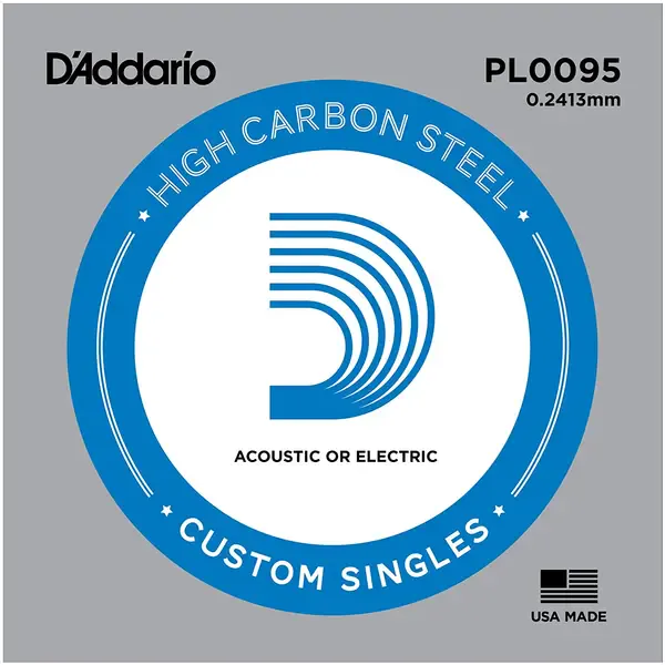 Струна для акустической и электрогитары D'Addario PL0095 High Carbon Steel Custom Singles, сталь, калибр 9.5