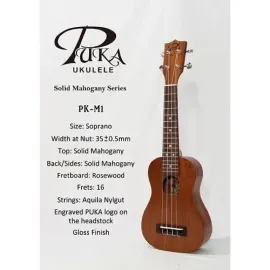 Puka Ukes Model PK-M1S Deluxe Solid Mahogany Soprano Ukuleles with Gig Bag