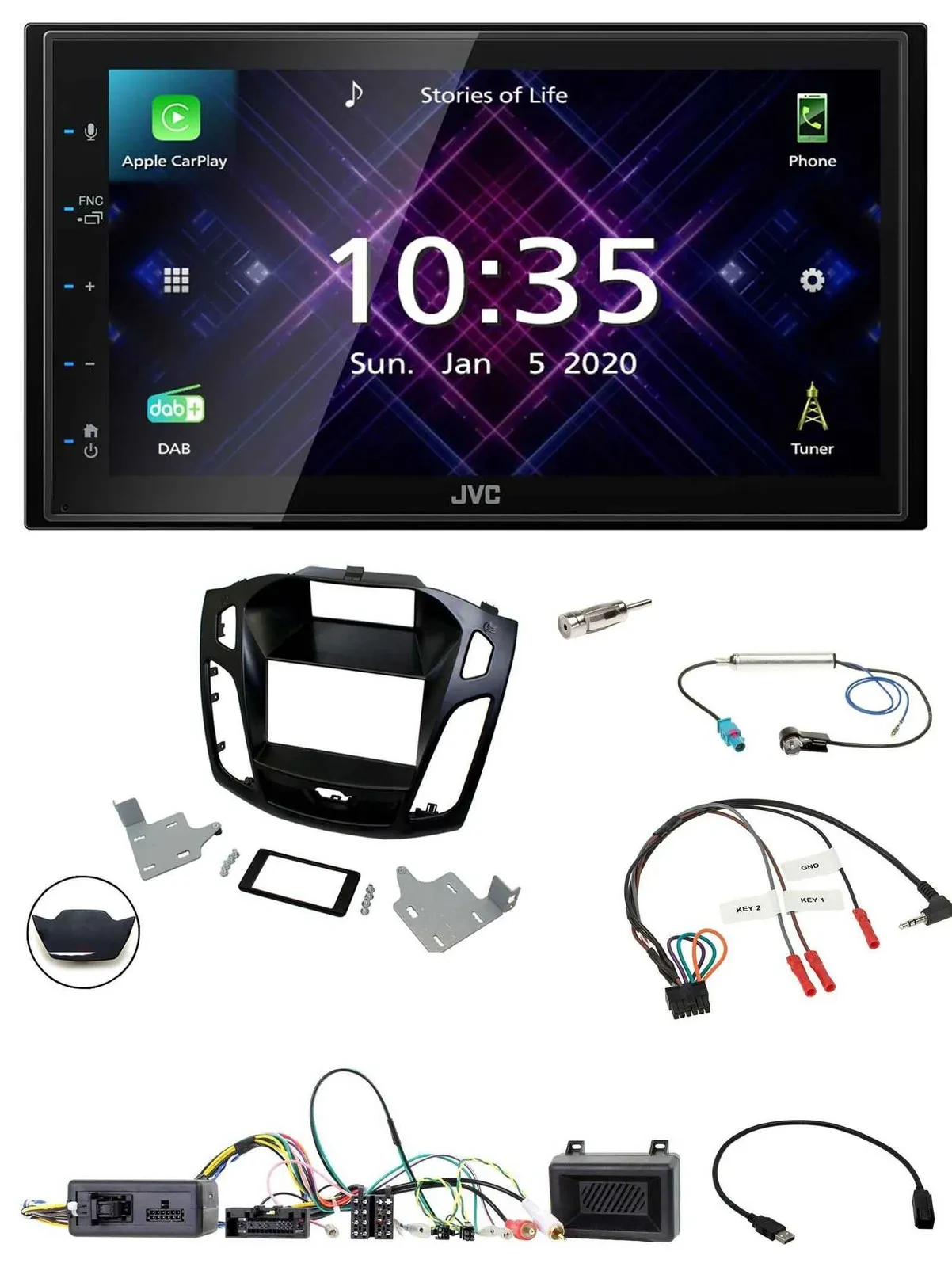 JVC DAB 2DIN Lenkrad Bluetooth USB Autoradio für Ford Focus 2014-2018
