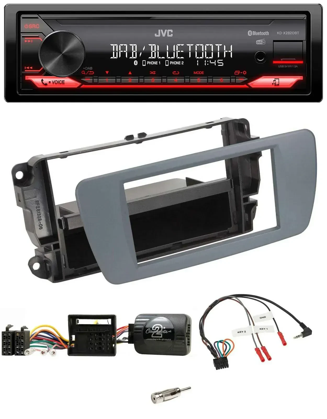 Автомагнитола для Seat Ibiza JVC Bluetooth, USB, DAB, поддержка управления на руле, серый Conemara