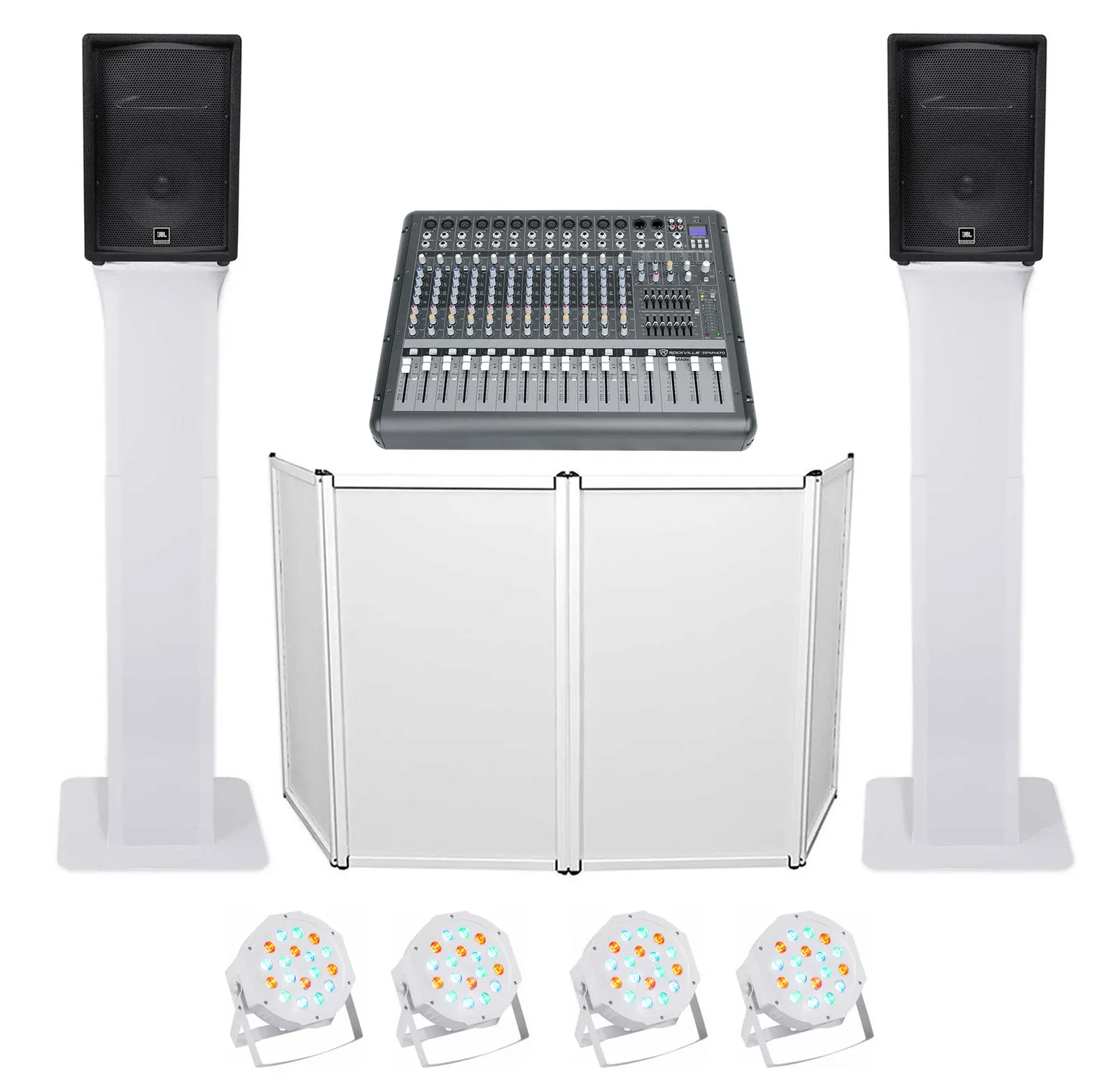 DJ Package w/(2) JBL JRX212 2000w 12" Speakers+Powered Mixer+Totem Stands+Facade