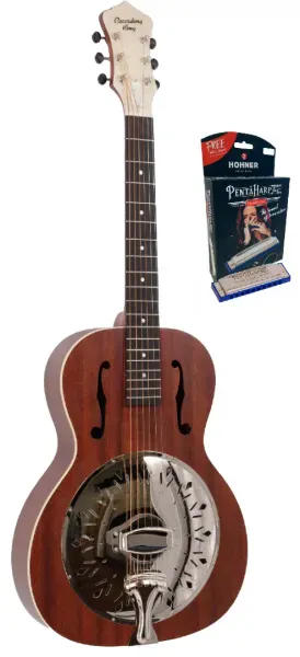 Recording King RR-41-BR Roundneck Resonator Guitar, Hohner Pentaharp Bundle