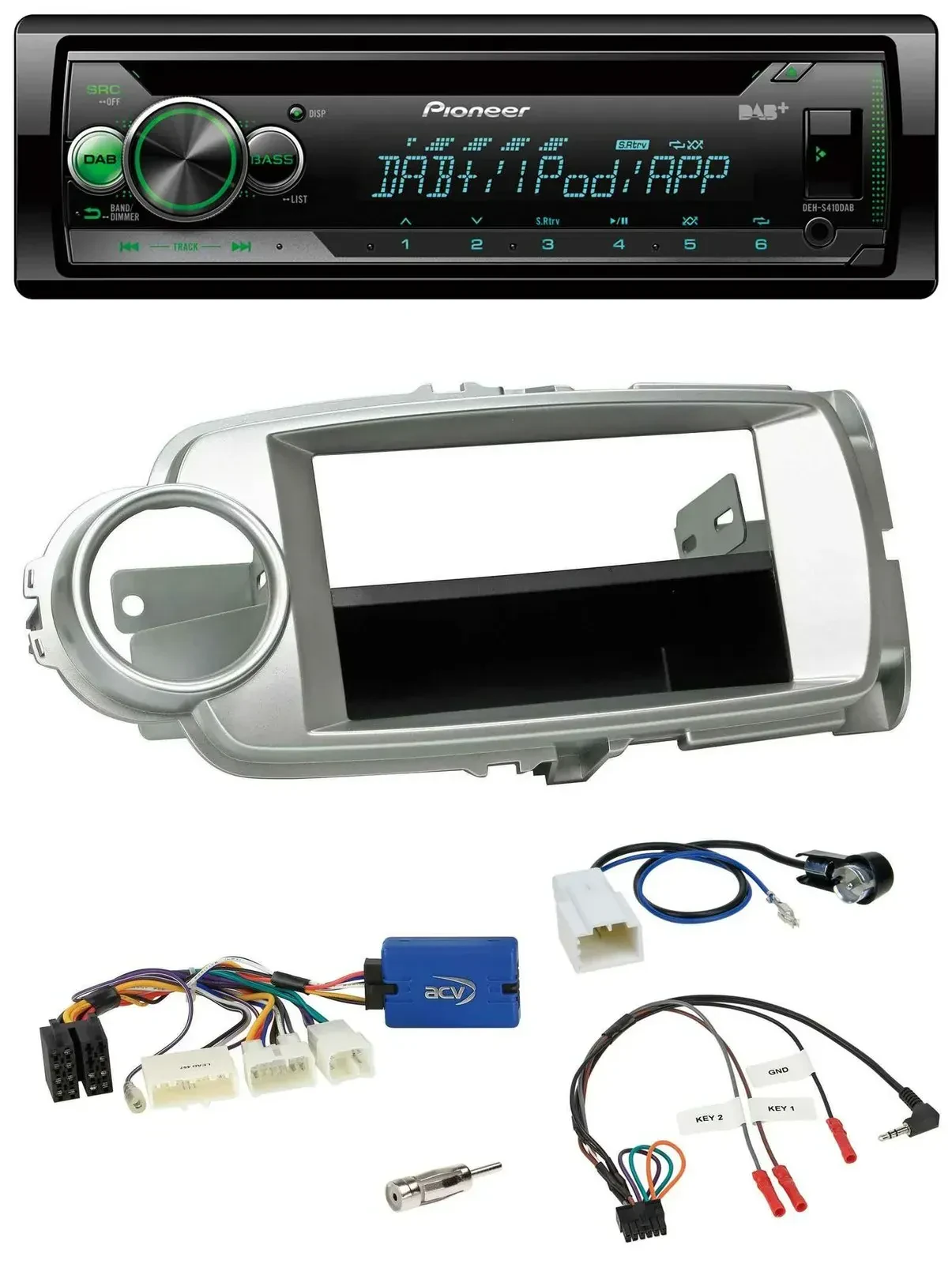 Автомагнитола Pioneer CD/USB MP3 с DAB для Toyota Yaris 2011–2014, серебристая, поддержка управления с руля