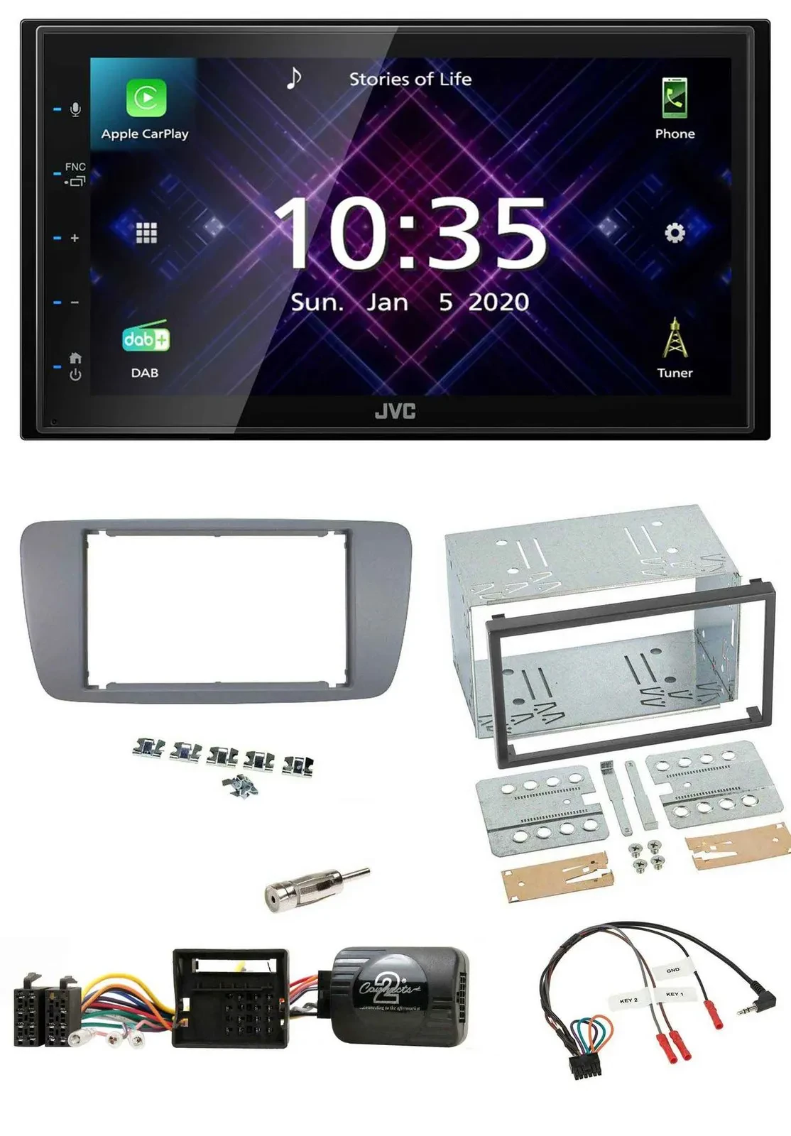 Автомагнитола JVC 2DIN, DAB, Bluetooth, USB, для Seat Ibiza (с 2008), цвет серый conemaragrau