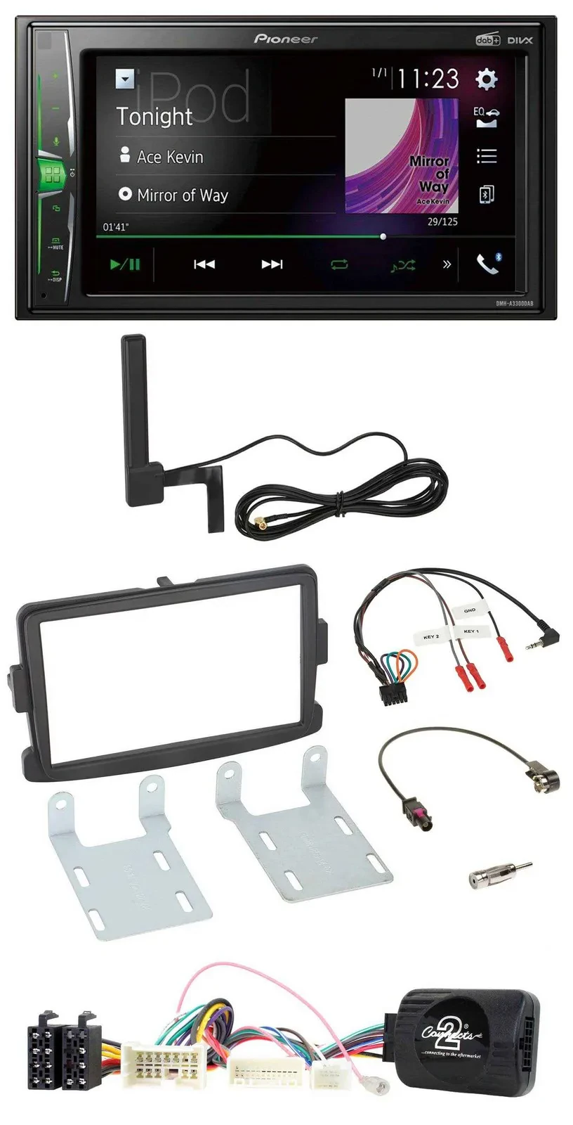 Автомагнитола Pioneer 2DIN DAB Bluetooth MP3 для Dacia Sandero (с 2013), совместим с кнопками на руле, черный