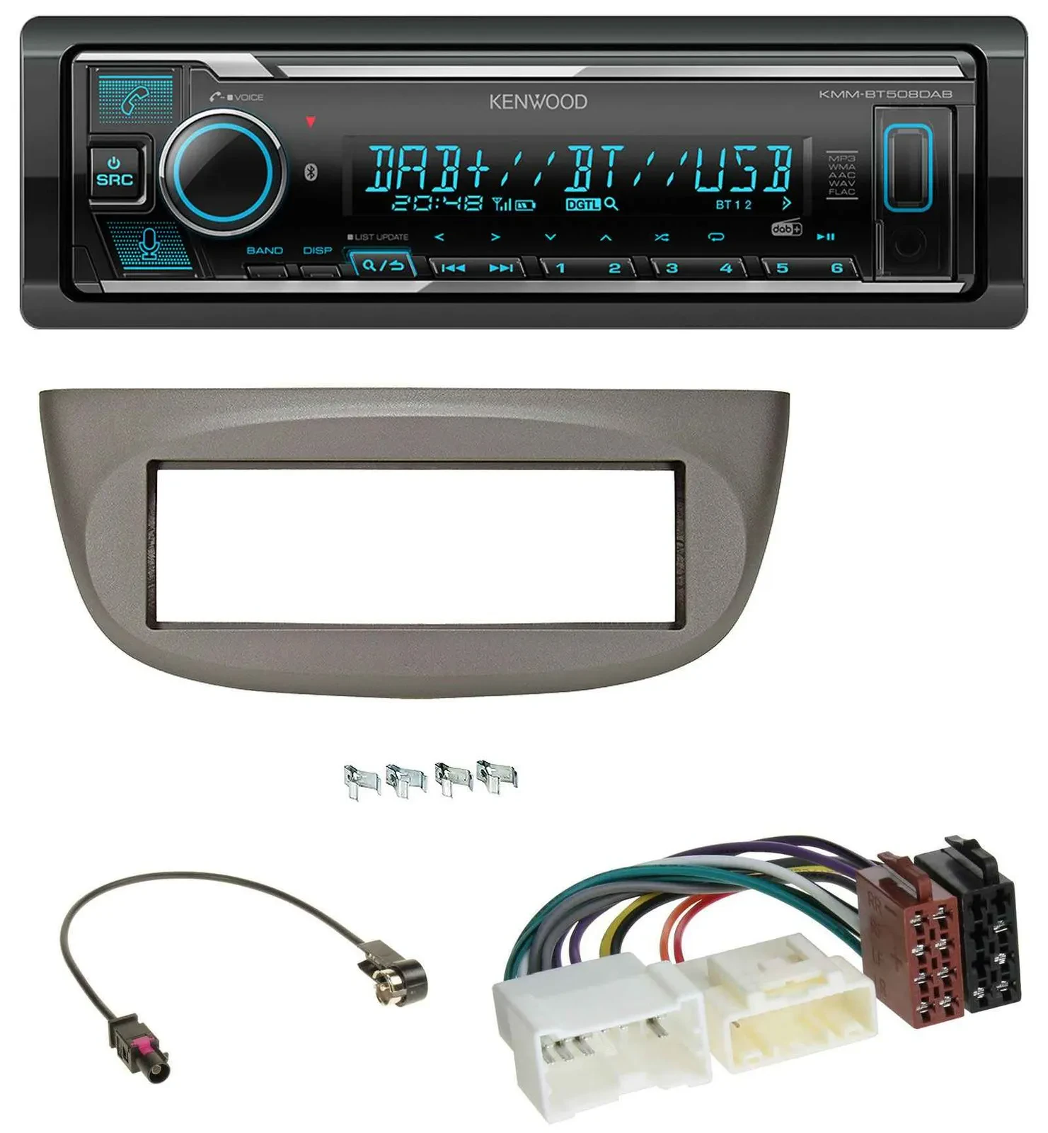 Автомагнитола Kenwood Bluetooth, MP3, DAB, USB, для Renault Twingo (с 2012), бежево-серая