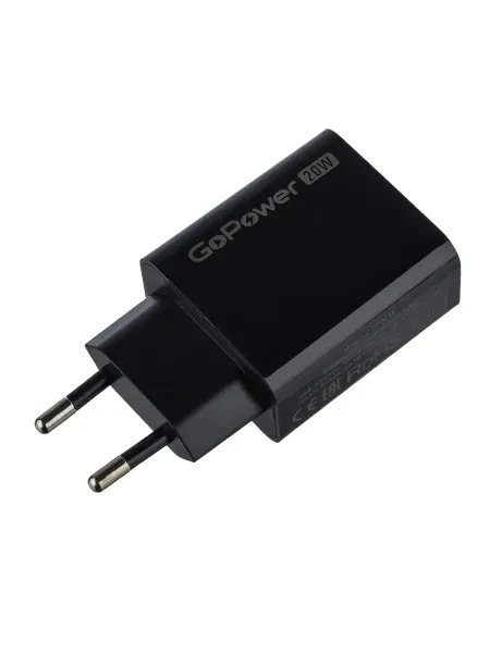 00-00030975 Сетевое зарядное устройство GPQC08, 1USB+1Type-C, 20Вт QC3.0, черный, GoPower