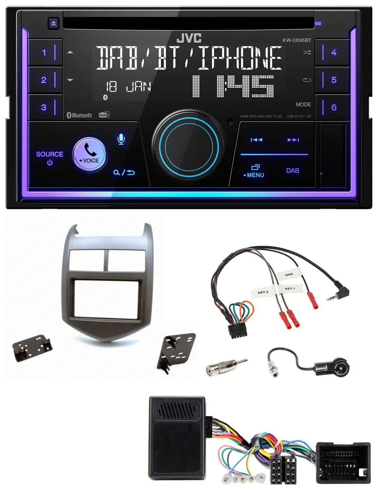 JVC Lenkrad USB 2DIN DAB Bluetooth CD Autoradio für Chevrolet Aveo ab 11 dunkelg