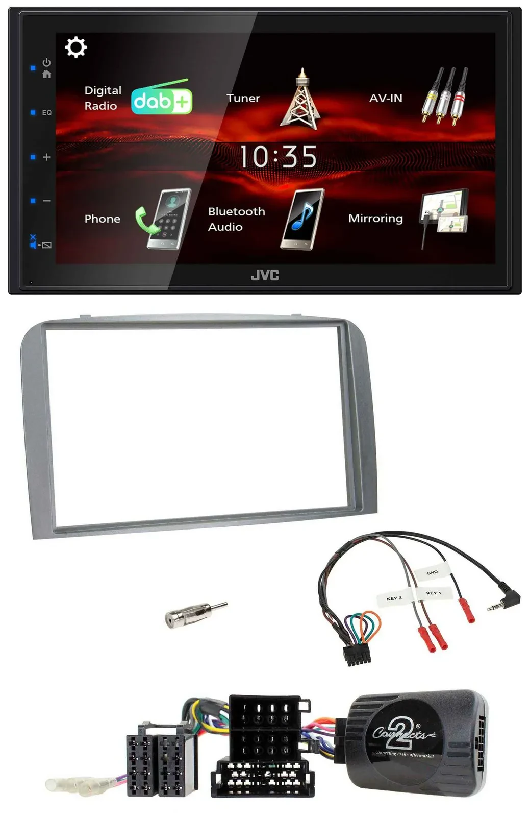 Автомагнитола для Alfa Romeo 147/GT (2007–2010) JVC 2DIN, USB, Bluetooth, DAB, поддержка кнопок на руле, серебристая