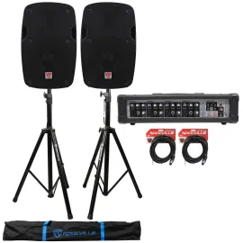 2) Rockville SPG88 8" 400w DJ PA Speakers 8-Ohm+Powered 4-Ch Mixer+Stands+Cables